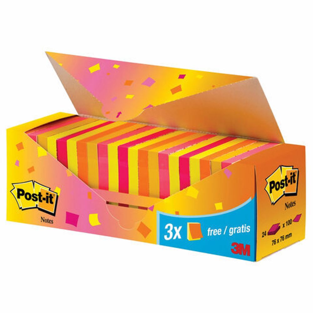 Блоки самоклеящиеся (стикер) POST-IT ORIGINAL "Неоновая радуга" 76х76 мм, КОМПЛЕКТ 24 шт. по 100 л., CP654-NP24