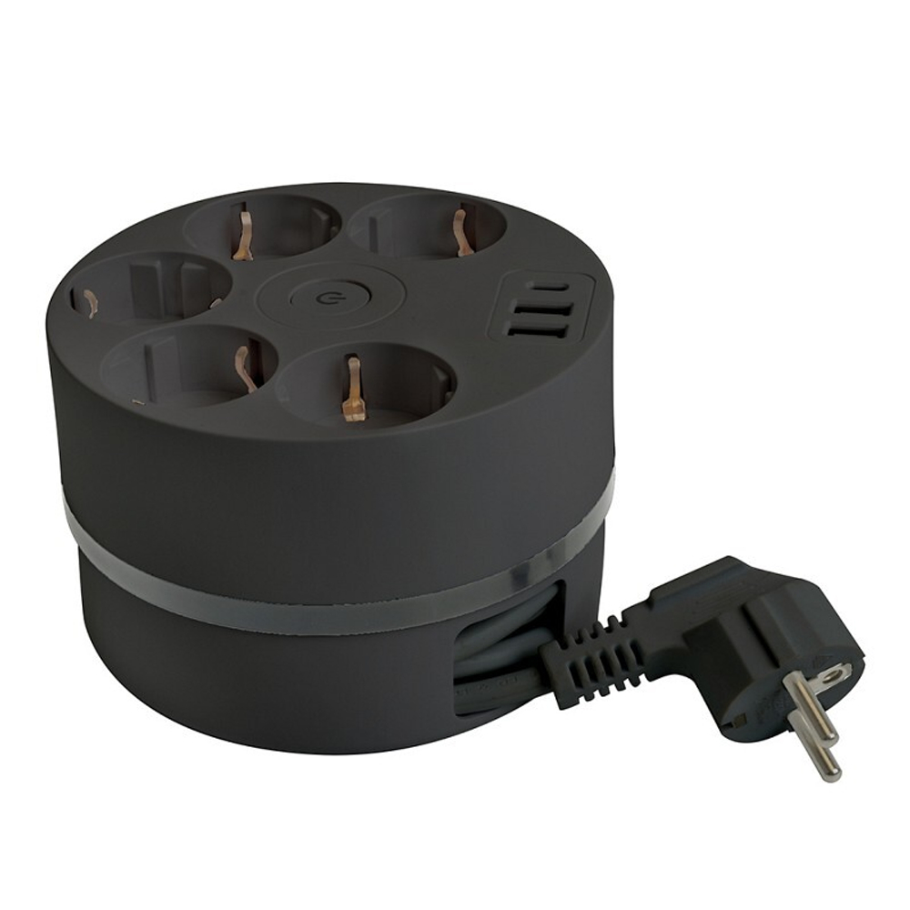 Удлинитель пятиместный c/з . 3x1мм2. 2.5м. 250В. 16А. 2USB A + C 5V 3.1А  черный