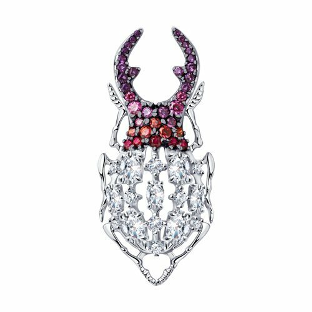 Брошь из серебра с красными корунд (синт.) и фианитами