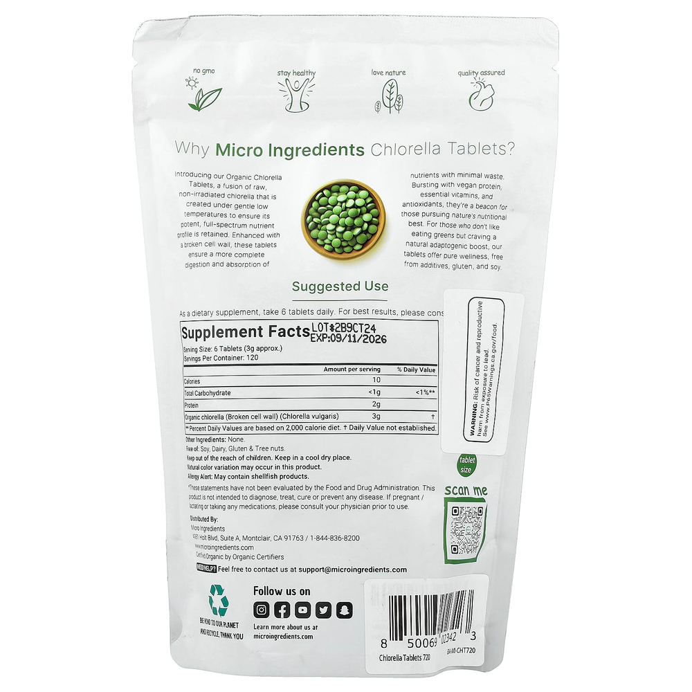 Micro Ingredients, Таблетка с органической хлореллой, 720 таблеток (0,5 г в 1 таблетке)