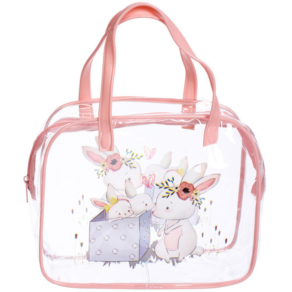 Косметичка прозрачная «MALINKA SHOP», зайки, цвет окантовки розовый, 20*16*8