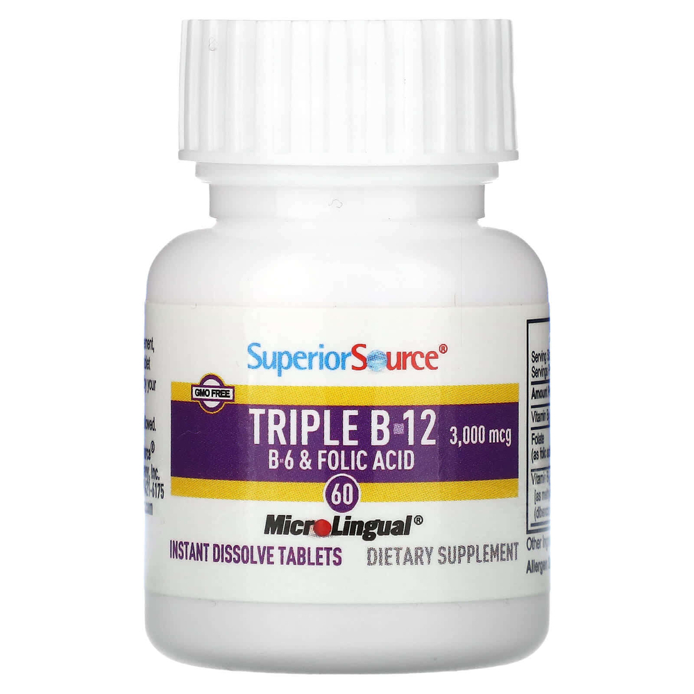 Superior Source, Triple B-12, B-6, фолиевая кислота, 60 быстрорастворимых таблеток MicroLingual