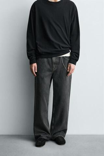 ZARA ДЖИНСЫ BAGGY FIT С ЭФФЕКТОМ ВОЩЕНИЯ, УГОЛЬНЫЙ