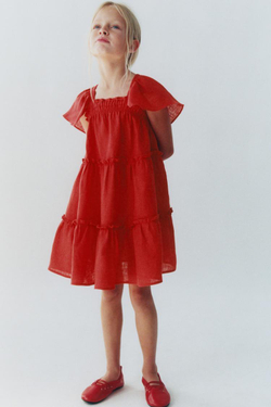 ZARA ПЛАТЬЕ ИЗ 100% ЛЬНА С ВОЛАНАМИ, КРАСНЫЙ