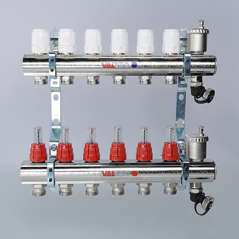 Коллекторный блок VALTEC латунный с регулировочными клапанами и расходомерами 1 1/4", 8 x 3/4", "евроконус"