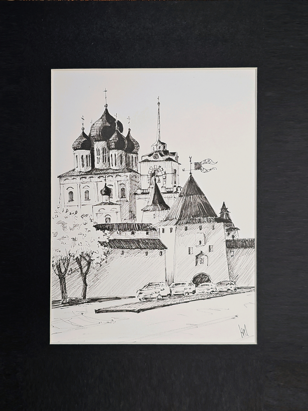 Картина, графика в паспарту 21х30 см на стену для интерьера "Псковский Кром"