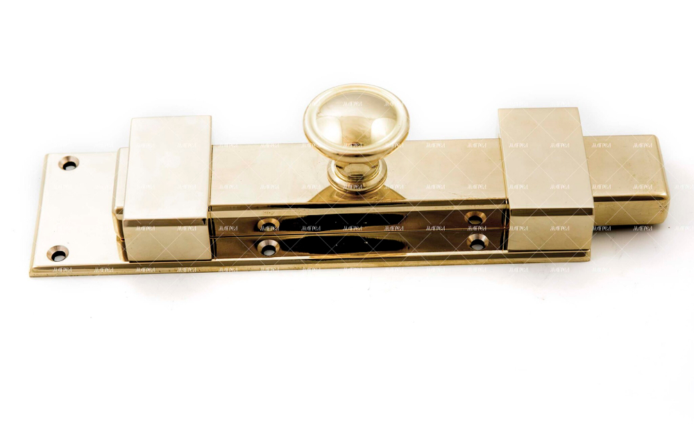 Засов латунный большой прямоугольный для массивных деревянных дверей Длина 250 мм Ширина 60 мм Ручка круглая 4 крепежных отверстия