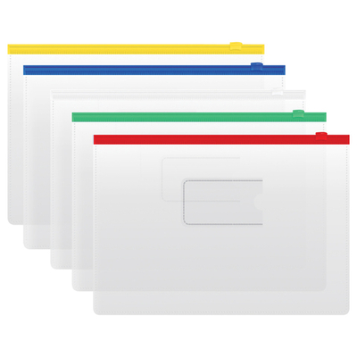 Папка-конверт на zip-молнии А4, ПВХ, 120мкм, прозрачная, цветная молния, карман, ассорти