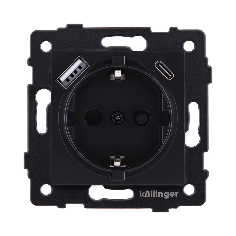 Розетка штепсельная SCHUKO 16A/250 В с USB A+C 20W, черный матовый Kollinger REA-004BM для Aspekt, Eleganz, Reflex