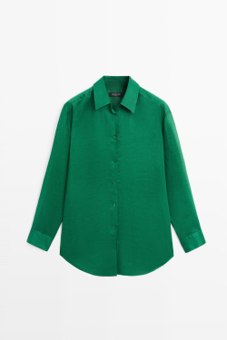 Massimo Dutti Удлиненная струящаяся рубашка из 100% рами, зеленый