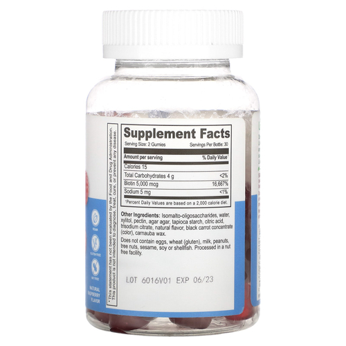 Lifeable, жевательные таблетки с биотином, без сахара, натуральная малина, 60 жевательных таблеток (2500 мкг в 1 жевательной таблетке)