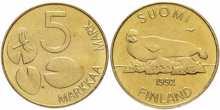 Финляндия 5 марок, 1992 - 2001 Тюлень XF