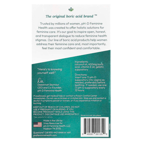 pH-D Feminine Health, борная кислота, вагинальные свечи, 600 мг, 14 шт.