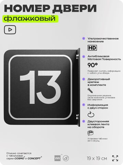 Табличка флажковая с номером 13 на дверь квартиры, для офиса, кабинета, аудитории, склада, черная двустороняя 19х19 см, Айдентика Технолоджи