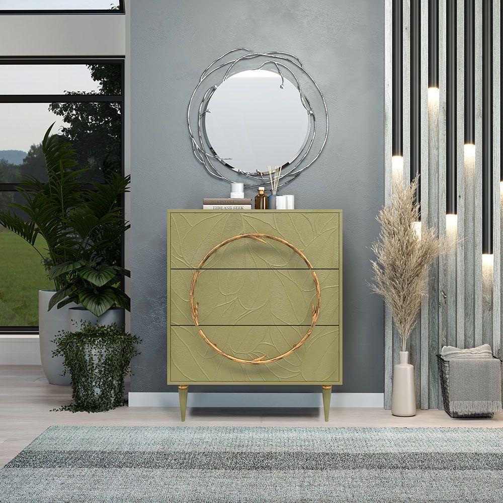 Комод Арт Колор leaves Классик Голд с 3 ящиками Зеленая олива