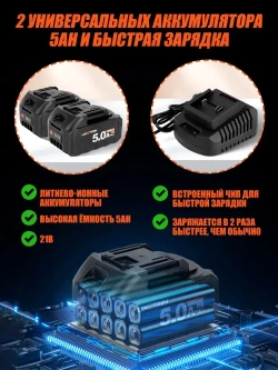 Болгарка аккумуляторная бесщеточная с регулировкой оборотов Luxotron, УШМ, 125мм, 3000-9000 об/мин, 2 АКБ 5.0 Ач, 21В, углошлифовальная машина, плиткорез электрический