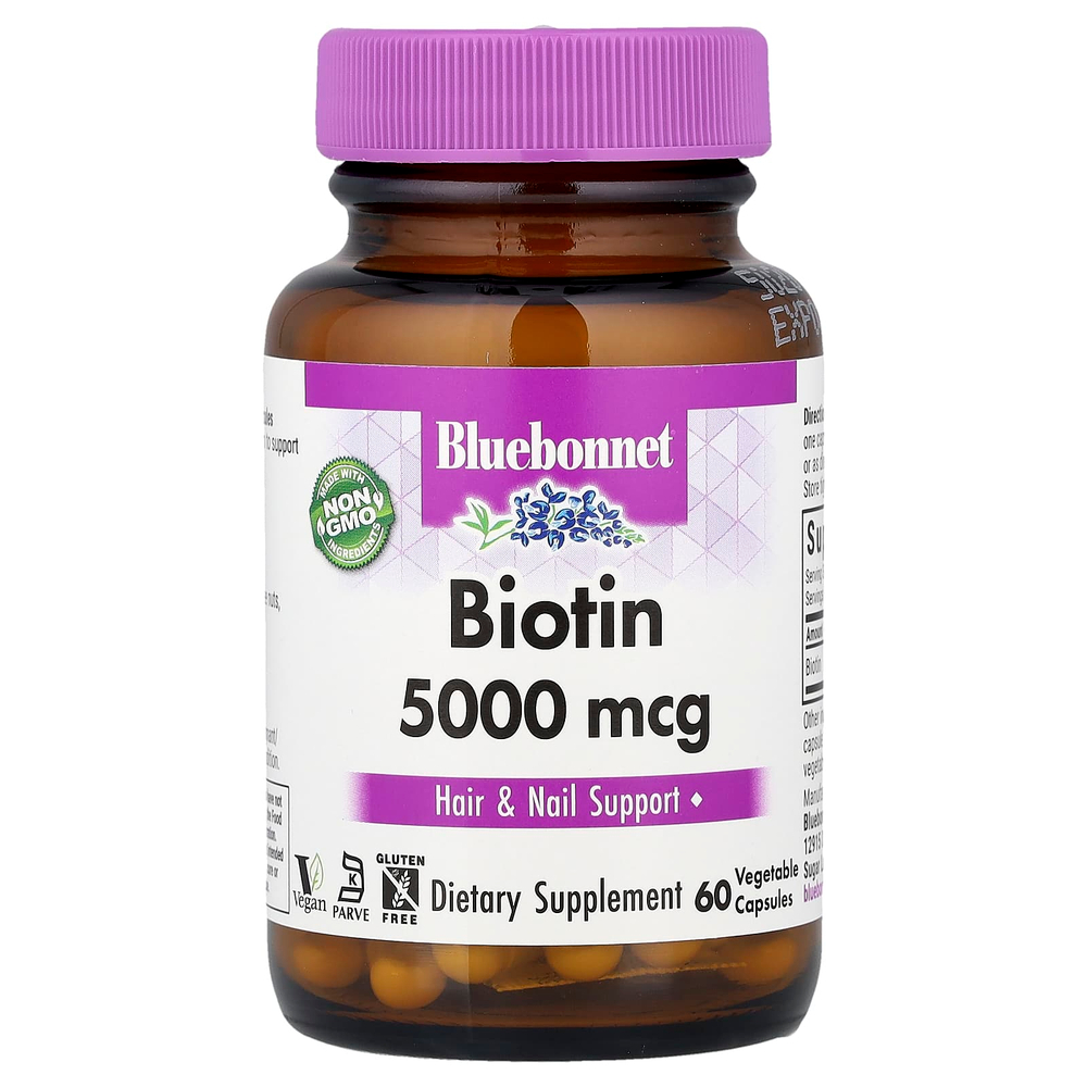 Bluebonnet Nutrition, Биотин, 5000 мкг, 60 растительных капсул