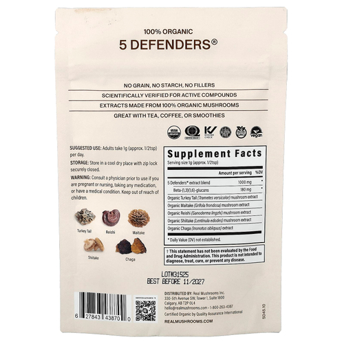 Real Mushrooms, 5 Defenders®, экстракт грибов в порошке, 45 г (1,59 унции)