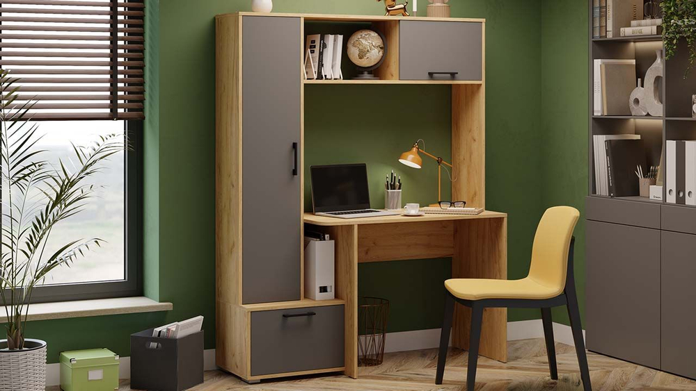 Стол письменный угловой с ящиками и шкафом Дуб Крафт золотой/Графит Серый 135,3х50,2х172 см