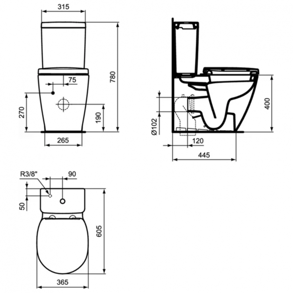 Напольный пристенный унитаз Ideal Standard CONNECT SPACE E119601 с бачком CUBE E797001