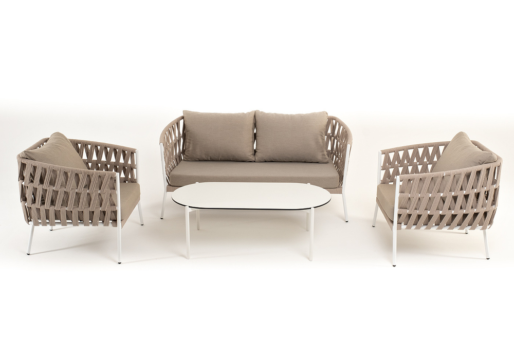 "Форли" лаунж-зона 4-местная плетеная из роупа (веревки), каркас алюминиевый светло-серый, роуп серо-коричневый