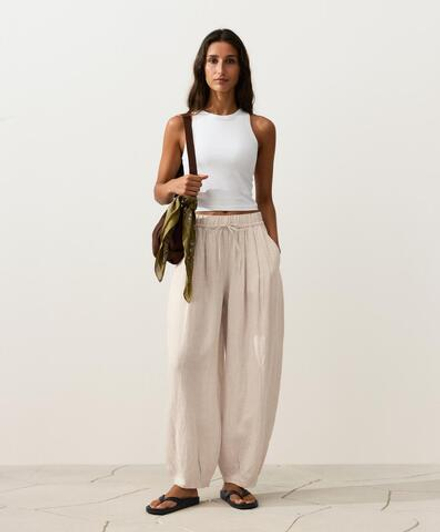 Oysho Брюки-баллоны из 100% льна, песочный меланж