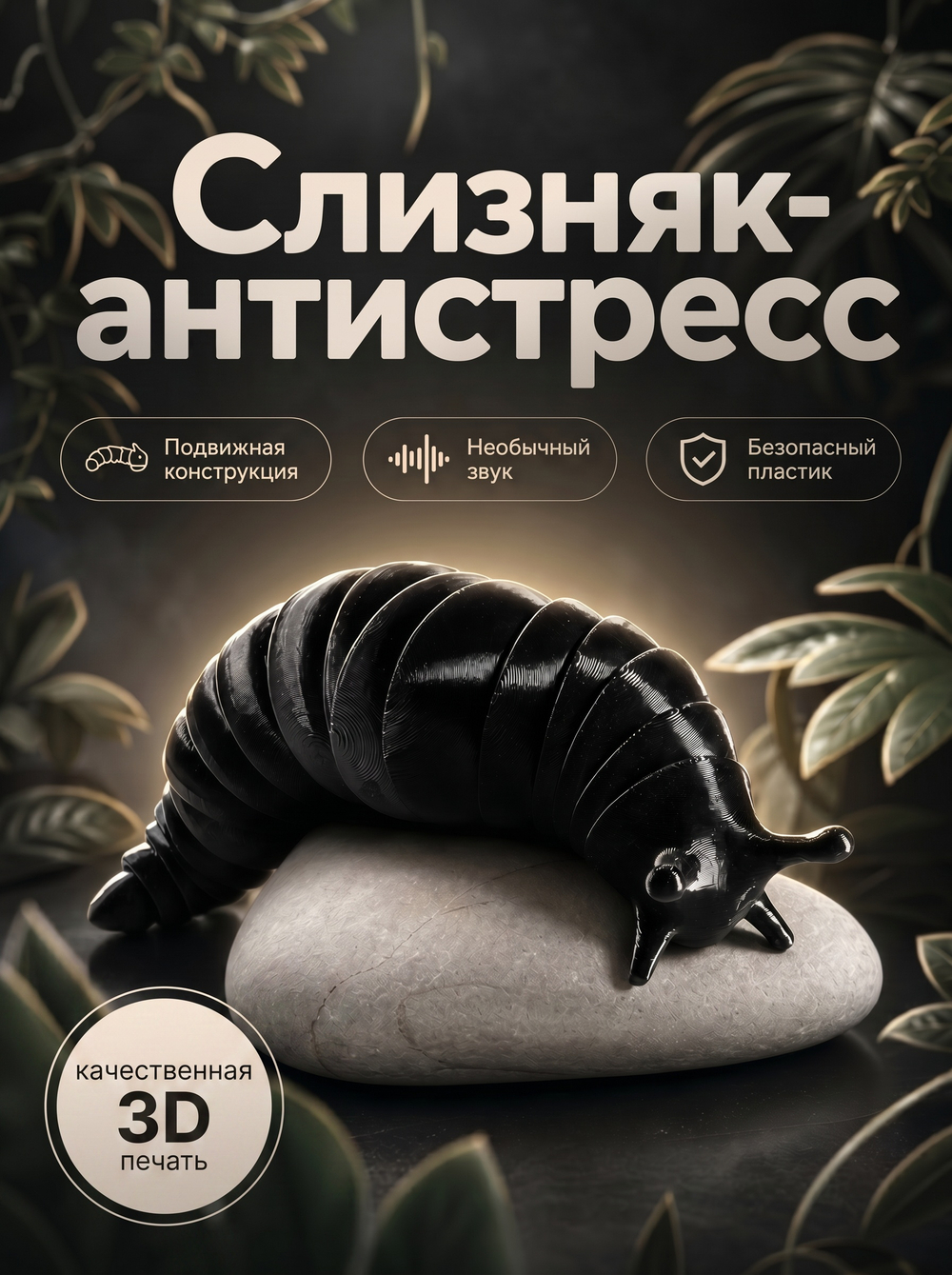 Игрушка-антистресс, гибкий "Веселый слизняк" черный, 3D печать
