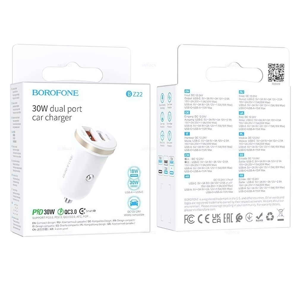 Автомобильное зарядное устройство Borofone BZ22 PD30W+QC3.0 3A Type-C+USB White