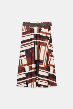 ZARA ЮБКА ИЗ ПОПЛИНА С ПРИНТОМ И РЕМНЕМ, РАЗНОЦВЕТНЫЙ