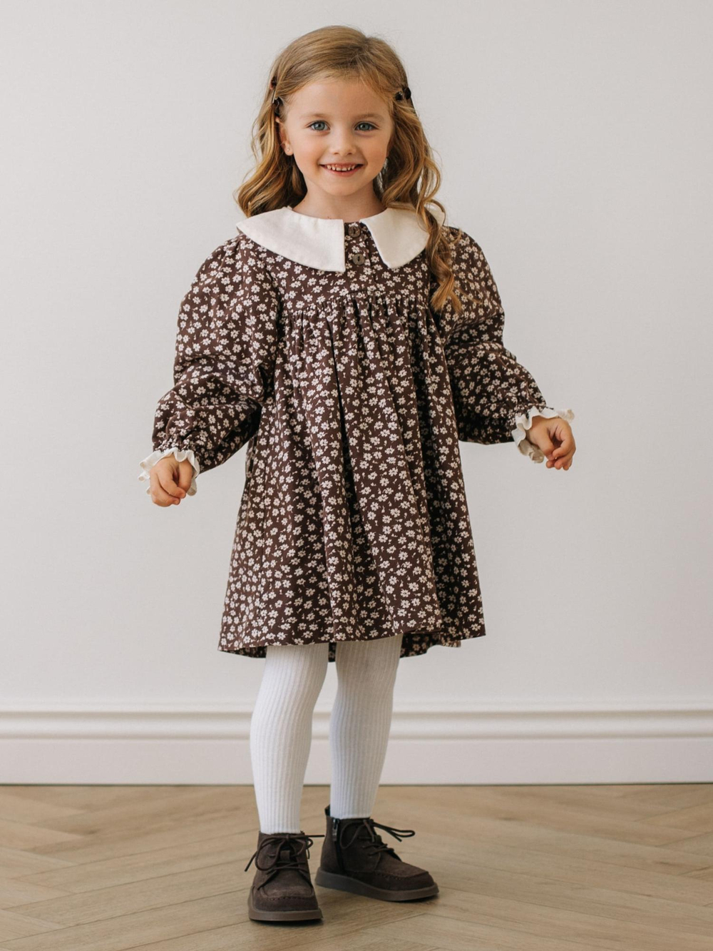 Платье с воротником в цветочек, Коричневый