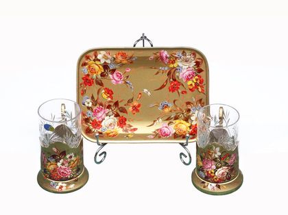 Zhostovo tea glass holders in wooden box - set of 2 tea glass holders and hand forged tray SET04D-667785860