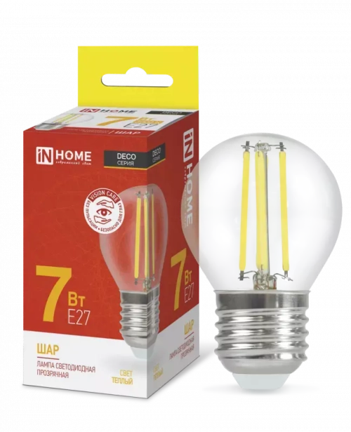 Лампа светодиодная LED-ШАР-deco 7Вт 230В Е27 3000К ТЕПЛЫЙ 810Лм прозрачная IN HOME