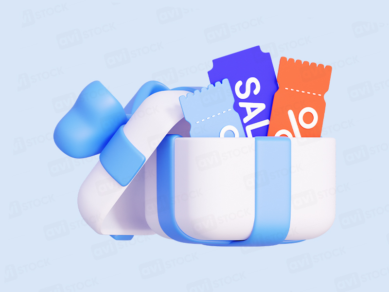 3D иллюстрация подарочной коробки с купонами SALE