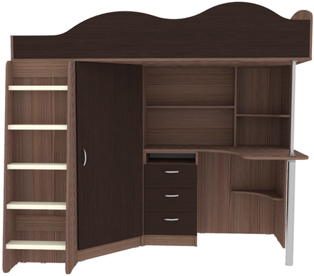 Кровать-чердак КарИВи Пионер с деревянной лестницей Бодего Темный Венге