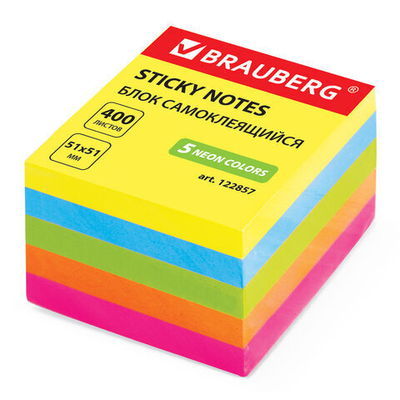 Блок самоклеящийся (стикеры), BRAUBERG, НЕОНОВЫЙ, 51×51 мм, 400 листов, 5 цветов, 122857