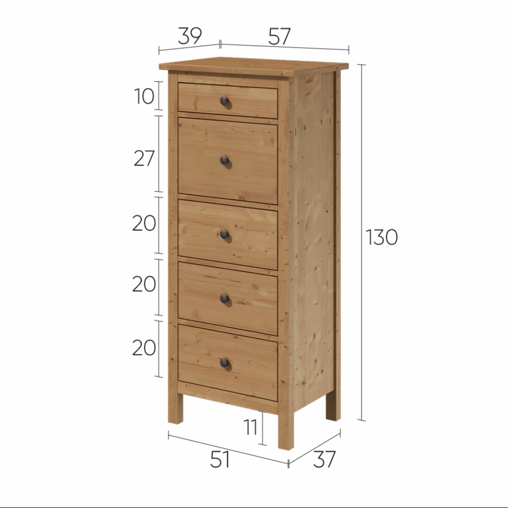 Комод с 5 ящиками деревянный, Хемнэс Hemnes/ Кымор, 57х39х160 см, светло-коричневый