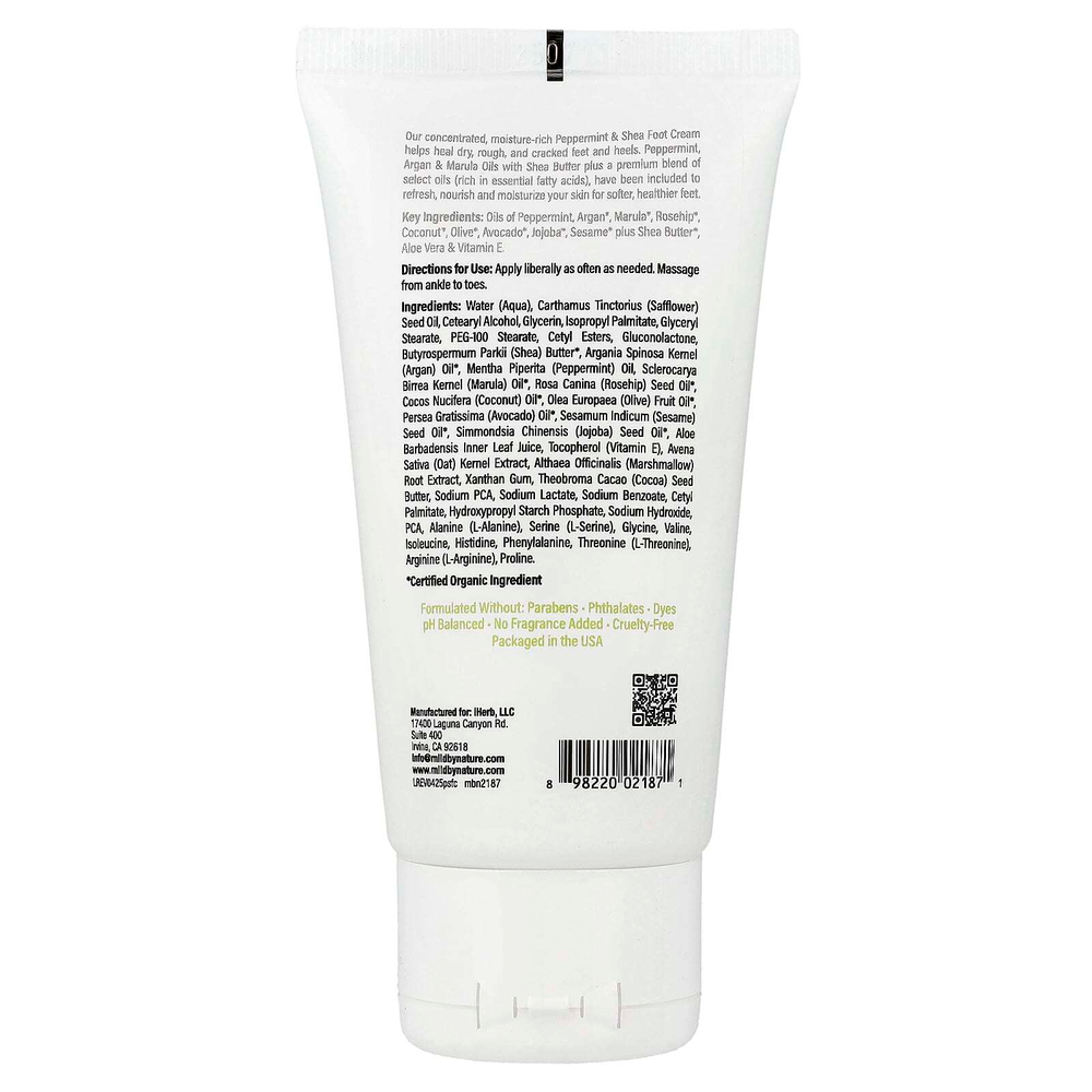 Mild By Nature, крем для ног с перечной мятой, маслом ши, маслами арганы и марулы, 71 г (2,5 унции)