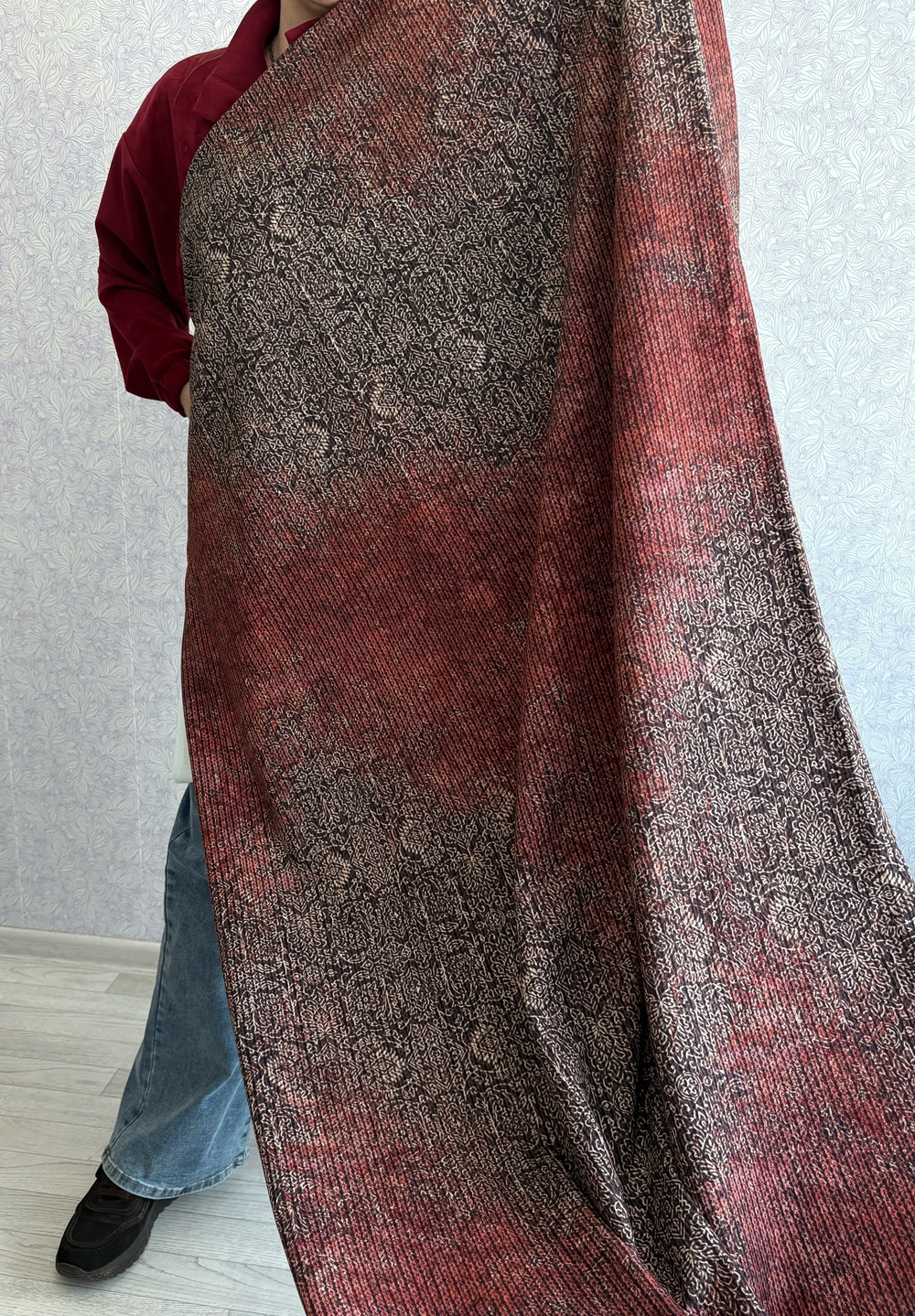 БОРДОВО-ЗОЛОТИСТЫЙ УЗОР - Футер 2х-нитка с лайкрой, компакт пенье (ДЖ72 Маша) (к0 пыль от краски по изнанке, с лица не видно)