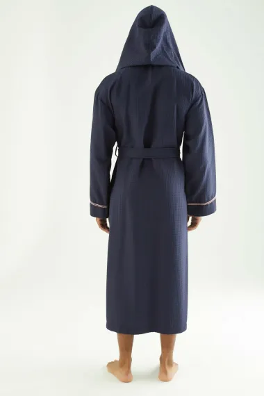 Вафельный мужской халат с капюшоном 24680 синий NUSA