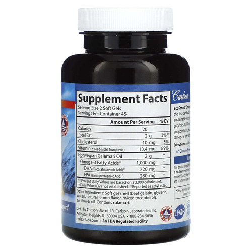 Carlson, EcoSmart Omega-3, дикорастущий норвежский продукт, натуральный лимон, 90 капсул