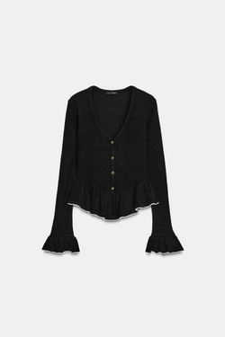 ZARА КАРДИГАН ИЗ МЯГКОЙ ТКАНИ С ВОЛАНАМИ, ЧЕРНЫЙ
