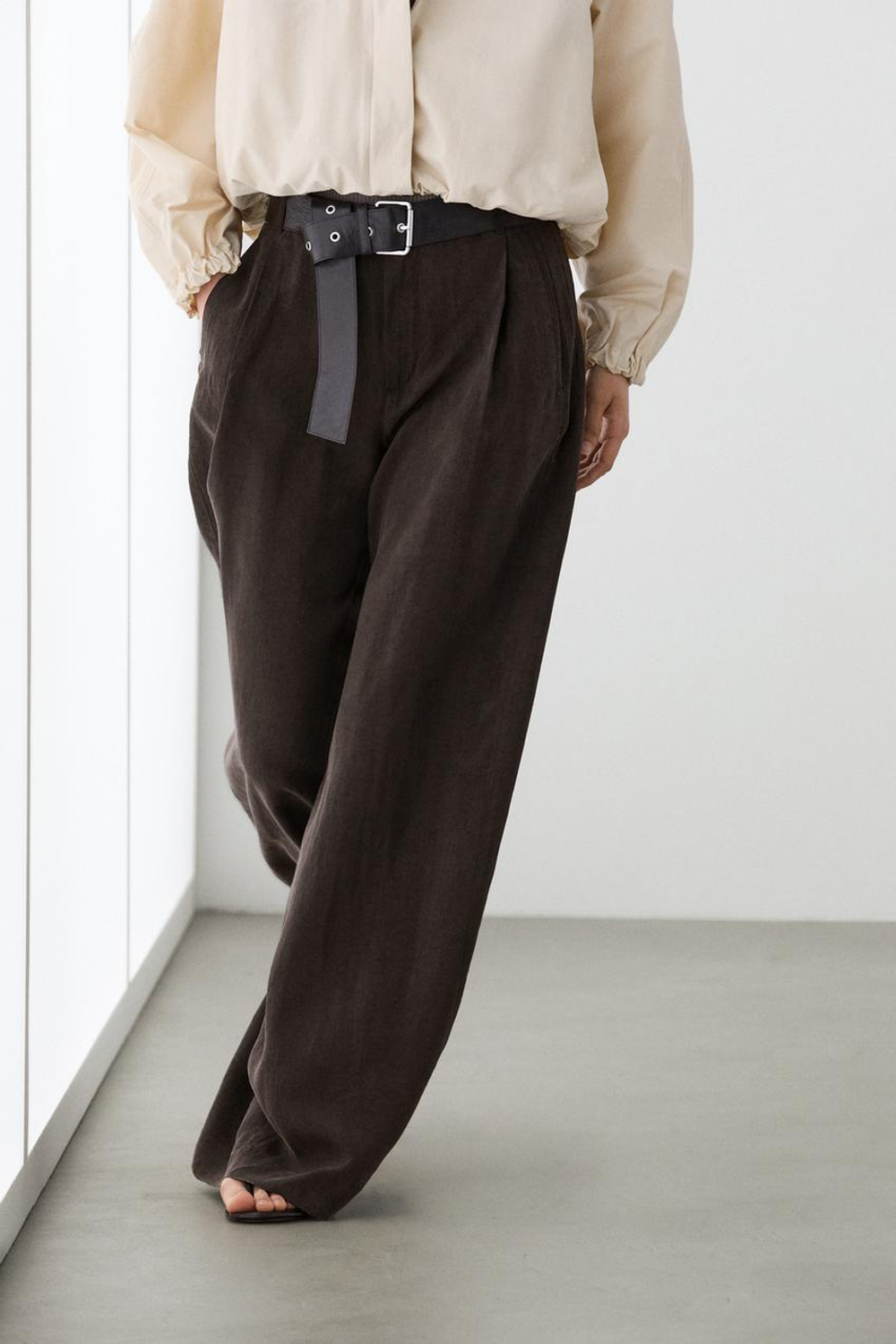 Massimo Dutti Широкие струящиеся брюки с вытачками, коричневый