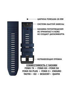 Ремешок силиконовый 26 мм. Premium для Garmin Fenix 7x/6x/5x/5x plus/3, Descent, Tactix, Enduro, D2, быстросъемный QuickFit Темно-синий