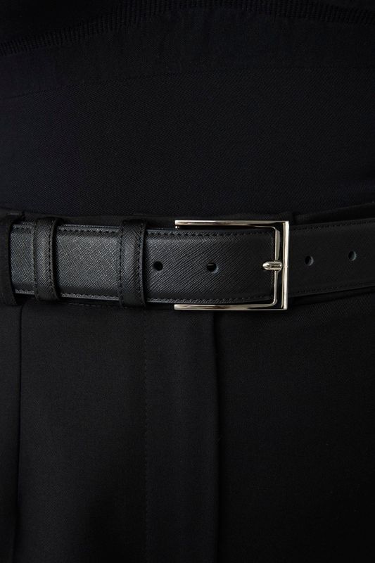Классический ремень из кожи saffiano с пряжкой серебро, 35 мм, черный