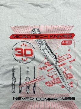 Футболка мужская, белая юбилейная 30лет,перед-лого Microtech,спина-нож с лого и надп."Never compromose", размер L