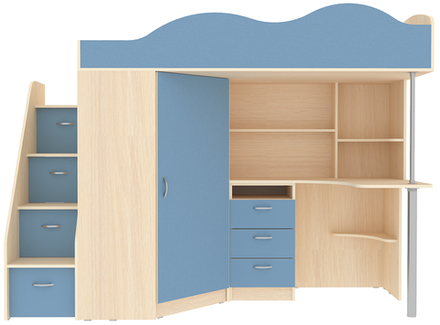 Кровать-чердак КарИВи Пионер  Дуб Молочный Светло-синий, голубой