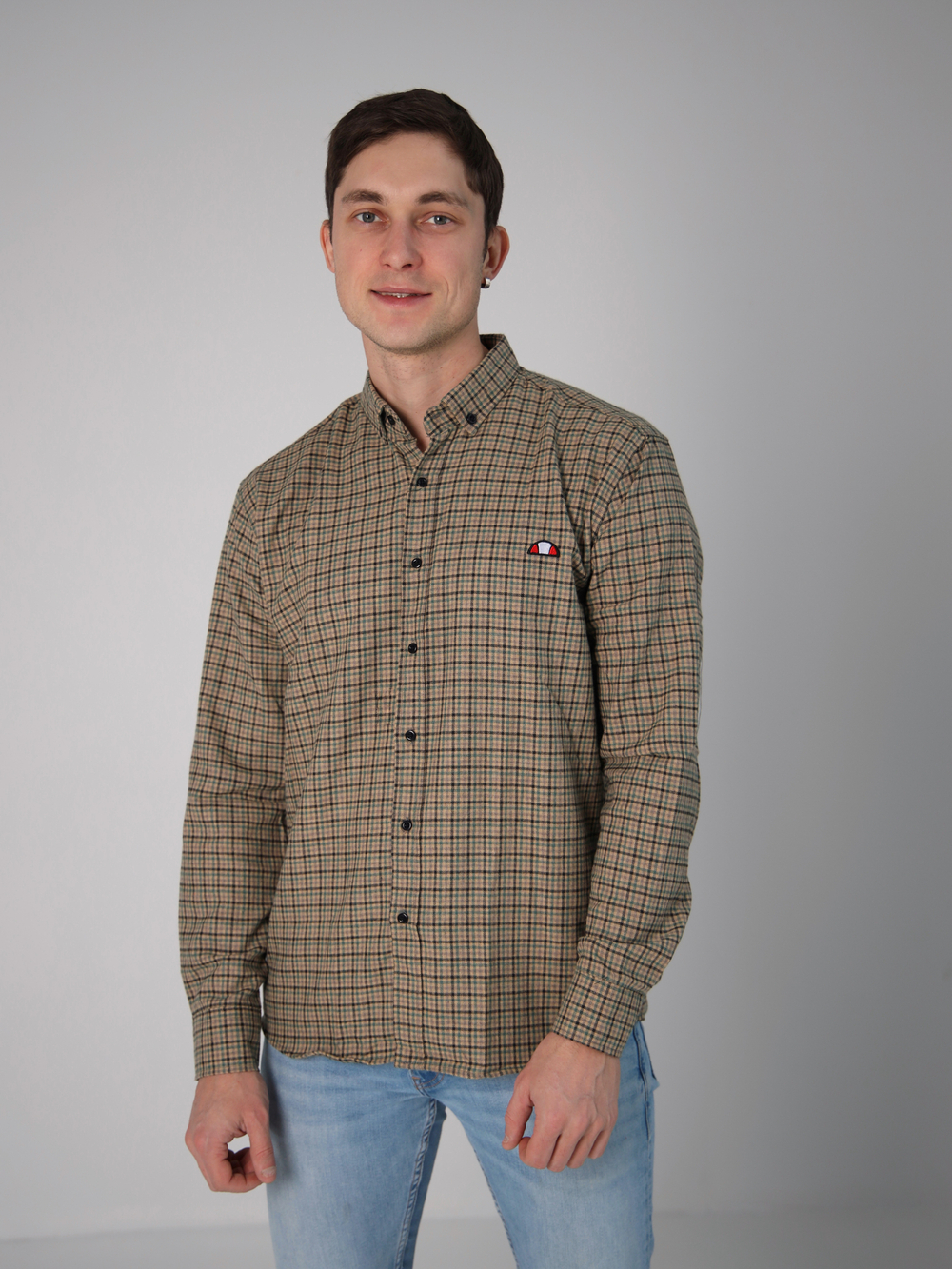 Рубашка Город Горький коричневая клетка с нашивкой