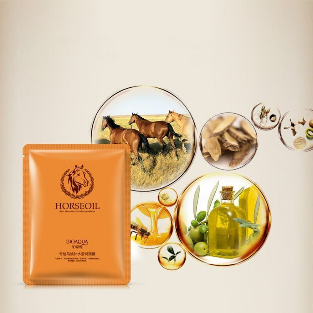 Маска для лица BioAqua Horse Oil Replenishment Sparkling Mask Лошадиный жир, Восстанавливающая питательная, тканевая, 30 г