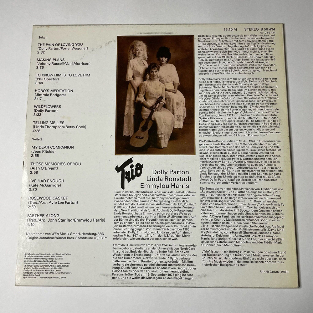 Винтажная виниловая пластинка LP Dolly Parton, Linda Ronstadt, Emmylou Harris Trio (ГДР 1989)