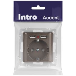 Розетка Intro Accent 6-410-08 , P+E Schuko со шторками, 16А-250В + 2хUSB, IP20, СУ, бронза